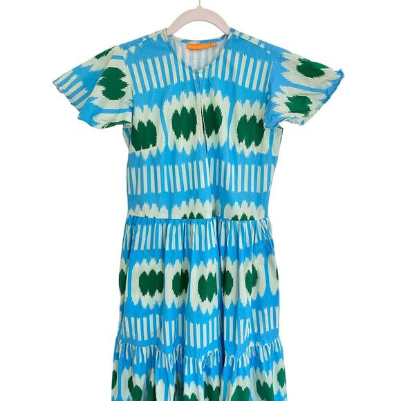 Oliphant V-Neck Maxi Midi Flutter Sleeve Dress Ikat Blue Green Tuckernuck Cotton - Picture 7 of 11